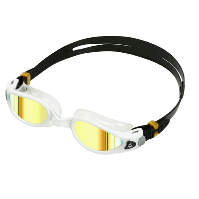 Aquasphere Kaiman Exo swim goggles with gold mirrored lens and white frame, angled view