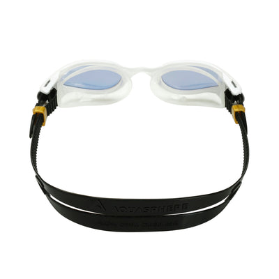 Aquasphere Kaiman Exo swim goggles with gold mirrored lens and white frame, view from behind showing the strap