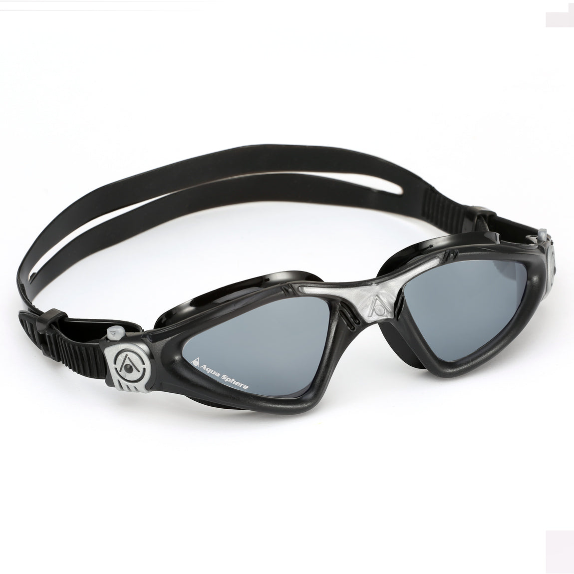 Aquasphere Kayenne swim goggles with smoke lens and black frame, angled view