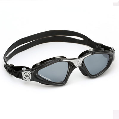 Aquasphere Kayenne swim goggles with smoke lens and black frame, angled view