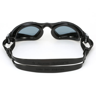 Aquasphere Kayenne swim goggles with smoke lens and black frame, view from behind showing the strap