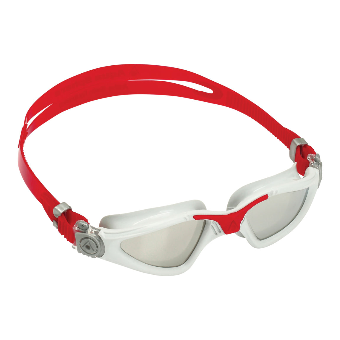 Aquasphere Kayenne swim goggles with silver mirrored lens and red frame, angled view