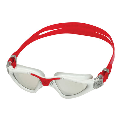 Aquasphere Kayenne swim goggles with silver mirrored lens and red frame, second angled view