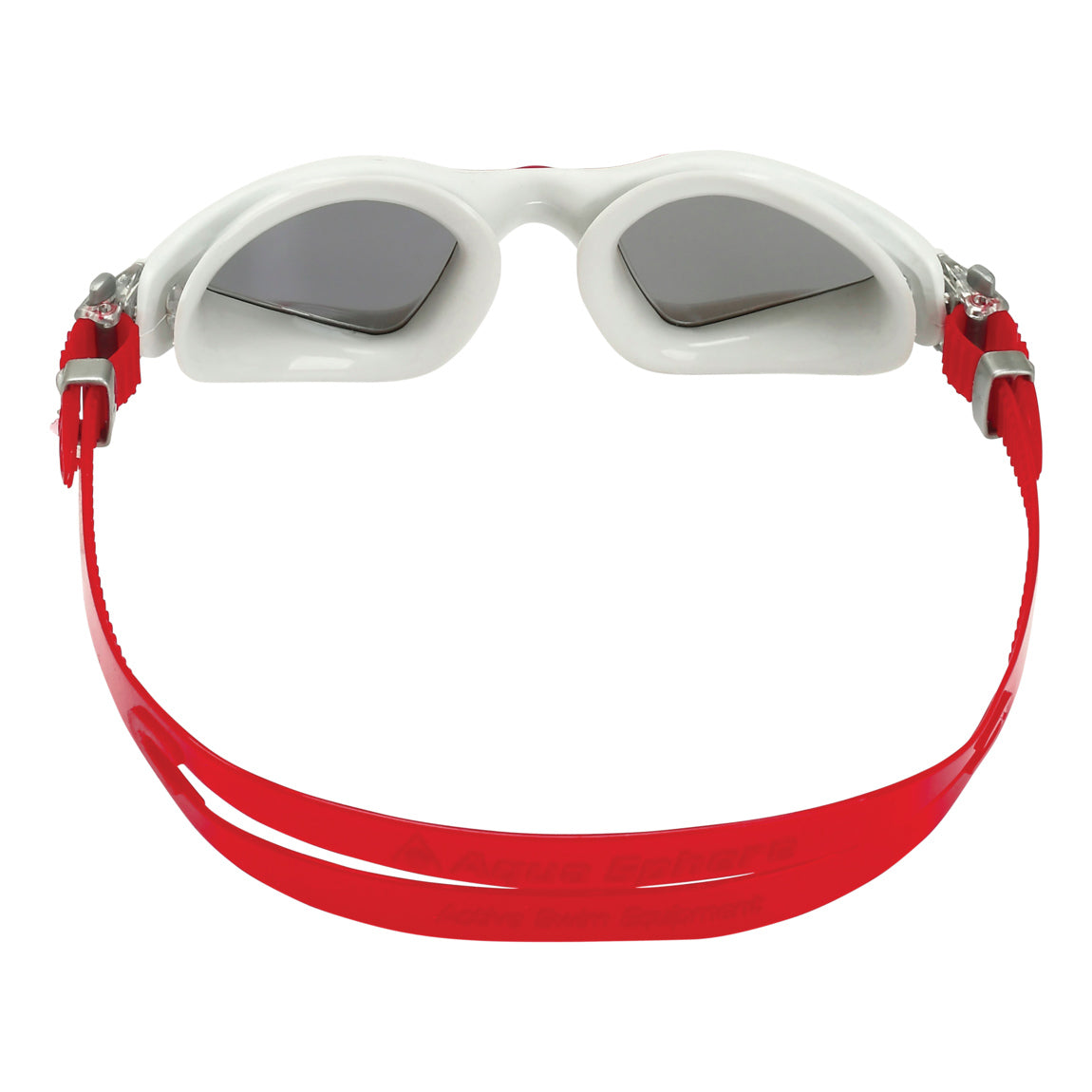 Aquasphere Kayenne swim goggles with silver mirrored lens and red frame, view from behind showing the strap