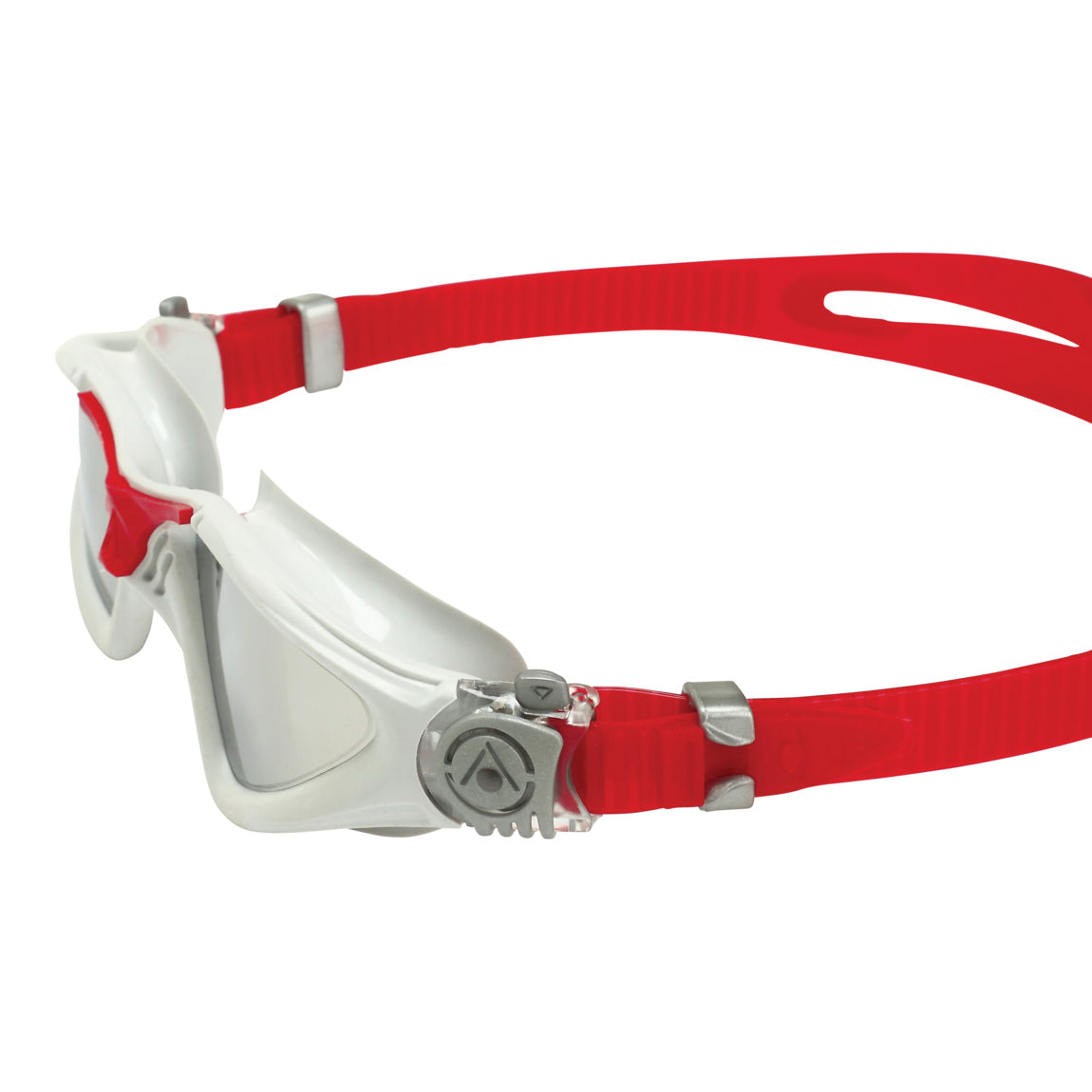 Aquasphere Kayenne swim goggles with silver mirrored lens and red frame, side detail view