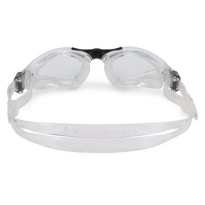 Aquasphere Kayenne swim goggles with clear lens and clear frame, view from behind showing the strap