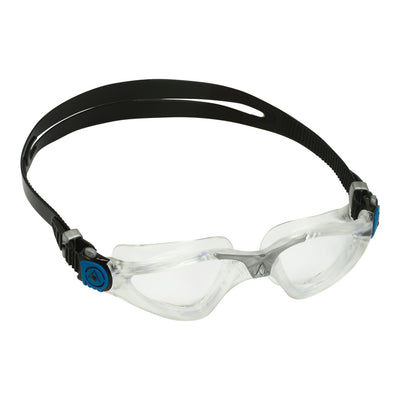 Aquasphere Kayenne swim goggles with clear lens and petrol frame, angled view