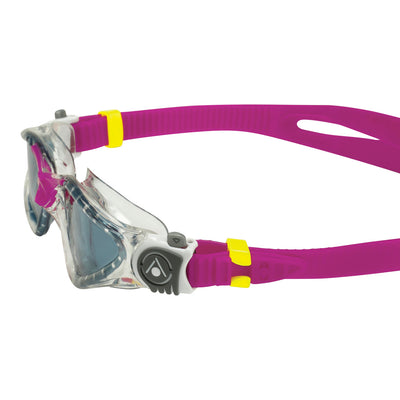 Aquasphere Kayenne Compact swim goggles with smoke lens and raspberry frame, side detail view