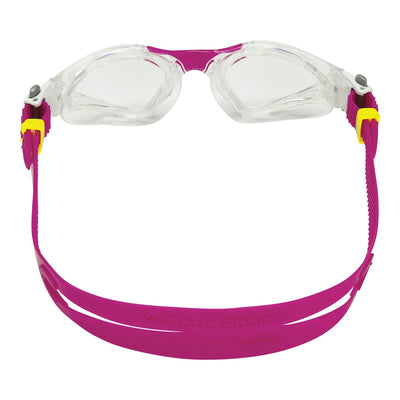 Aquasphere Kayenne Compact swim goggles with clear lens and raspberry frame, view from behind showing the strap