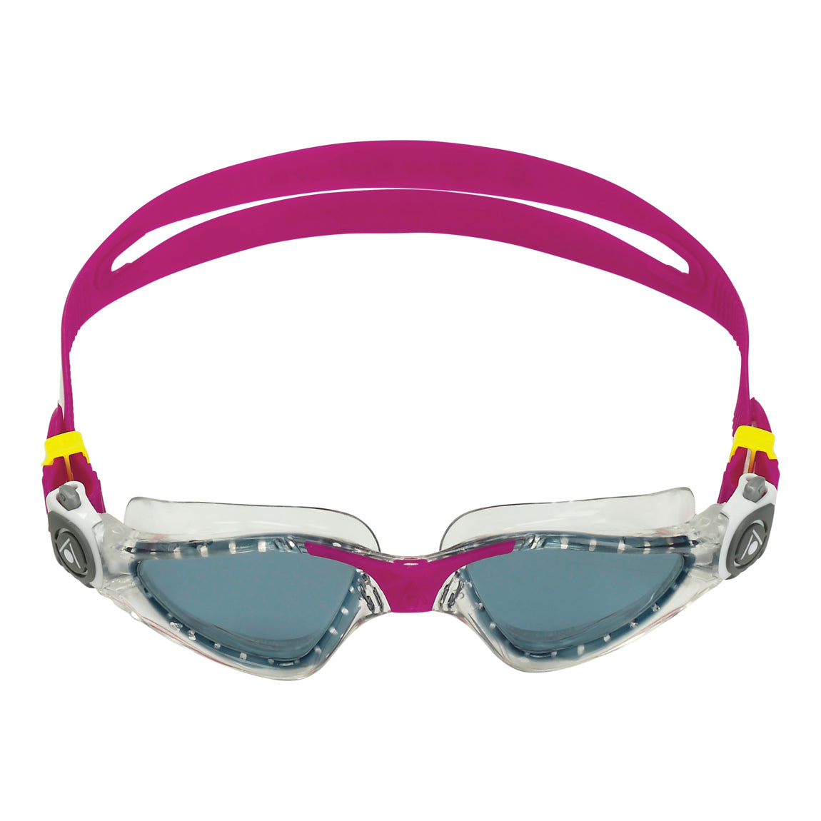 Aquasphere Kayenne Compact swim goggles with smoke lens and raspberry frame, front view