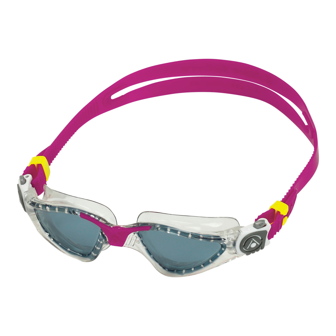 Aquasphere Kayenne Compact swim goggles with smoke lens and raspberry frame, angled view