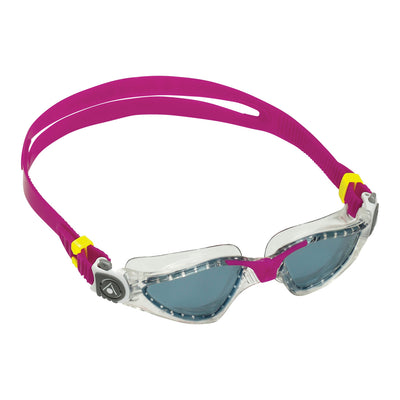 Aquasphere Kayenne Compact swim goggles with smoke lens and raspberry frame, second angled view