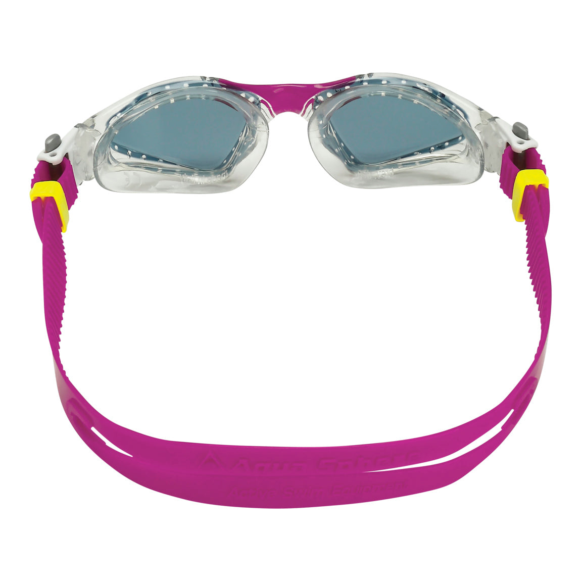 Aquasphere Kayenne Compact swim goggles with smoke lens and raspberry frame, view from behind showing the strap