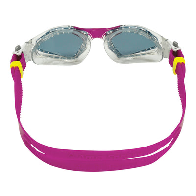 Aquasphere Kayenne Compact swim goggles with smoke lens and raspberry frame, view from behind showing the strap