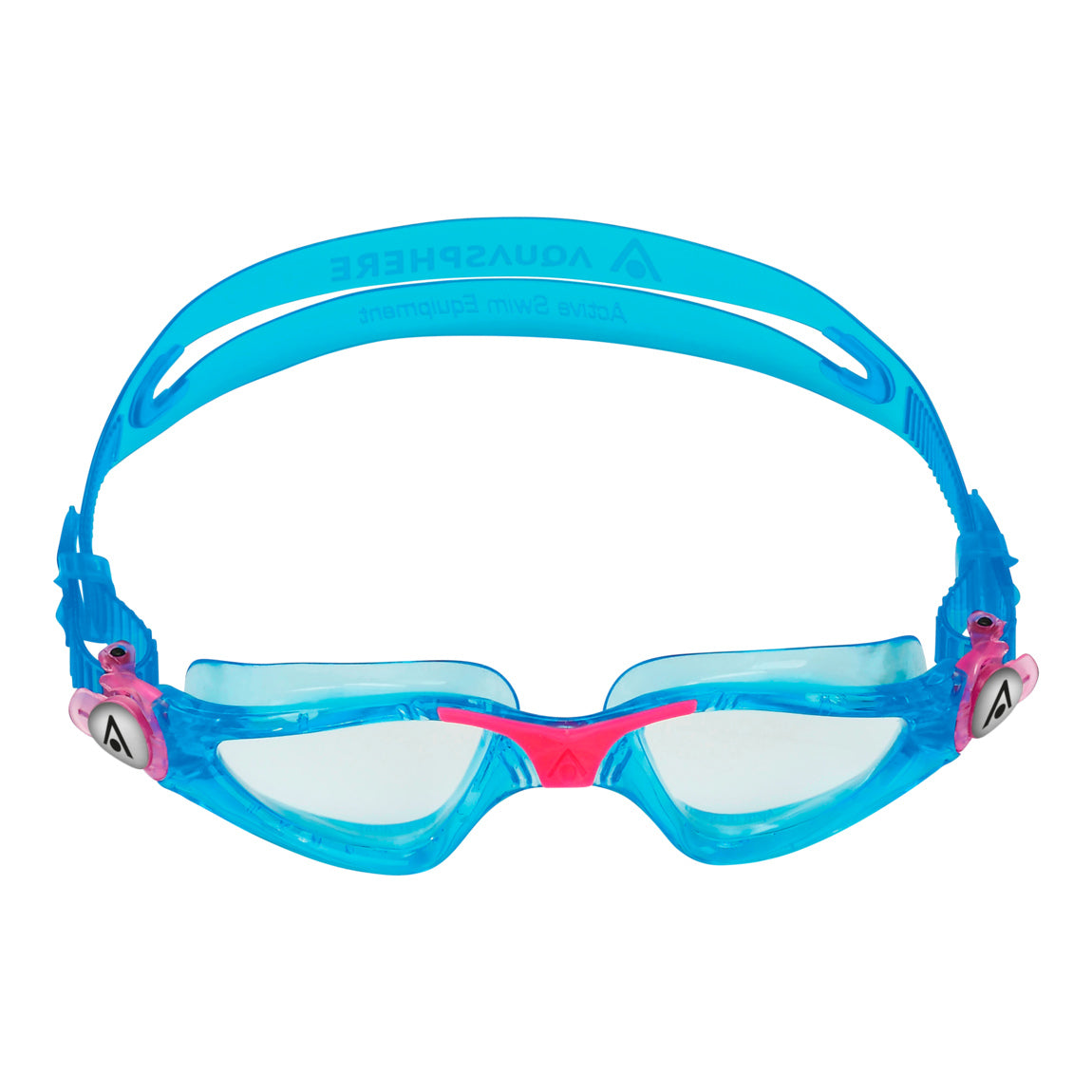 Aquasphere Kayenne Junior swim goggles with clear lens and aqua and pink frame, front view