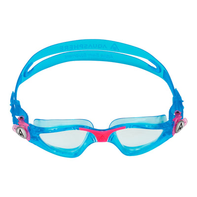 Aquasphere Kayenne Junior swim goggles with clear lens and aqua and pink frame, front view