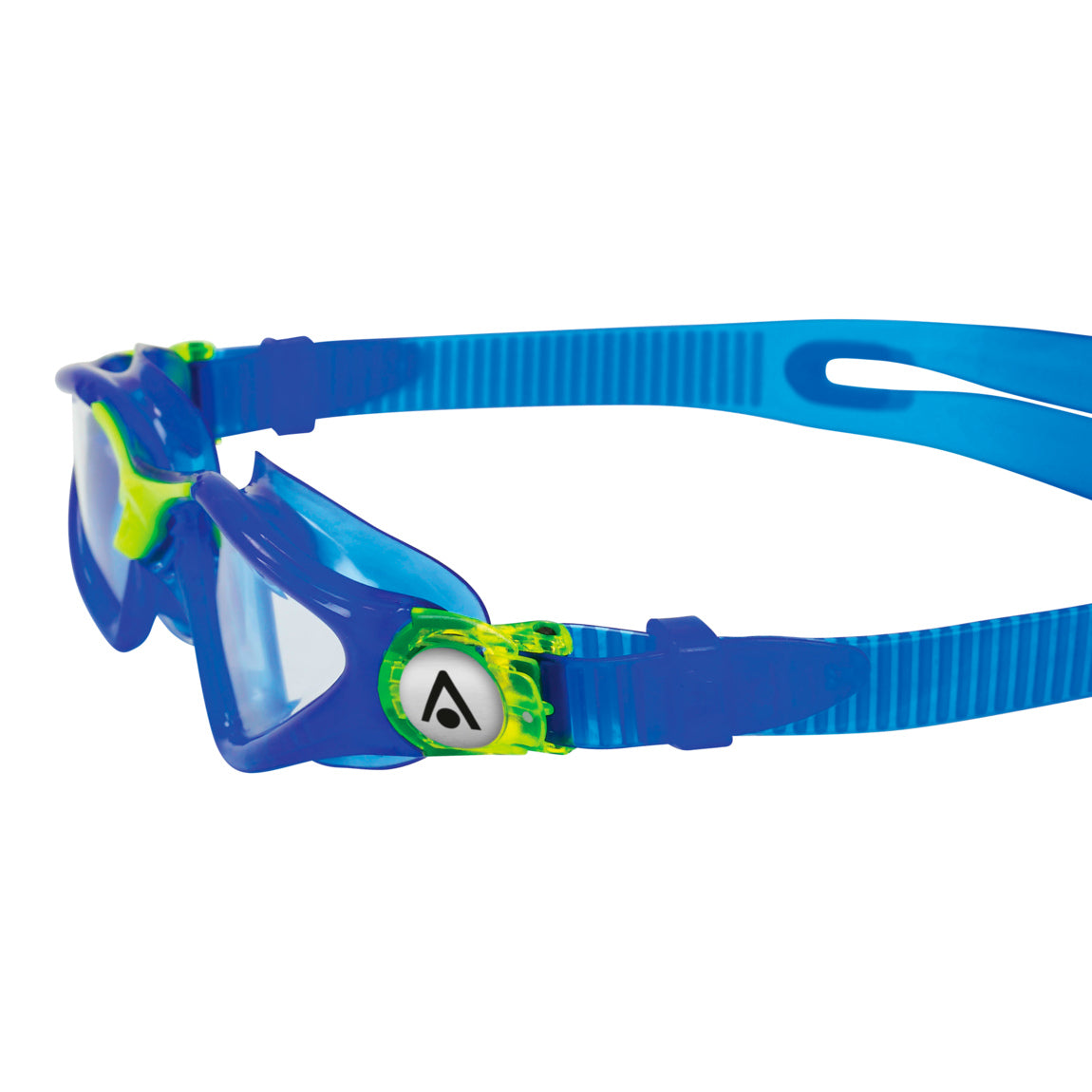 Aquasphere Kayenne Junior swim goggles with clear lens and blue and yellow frame, side detail view