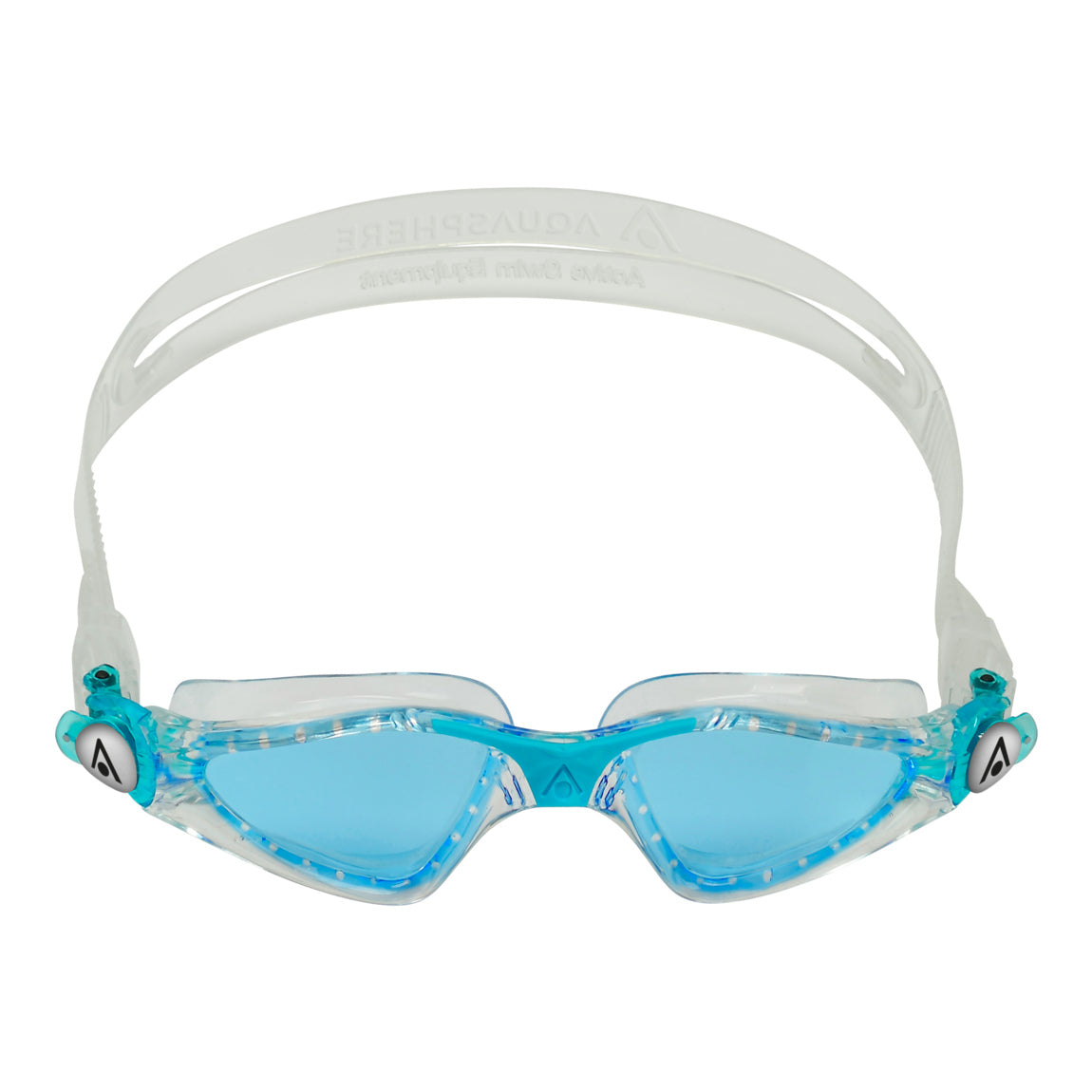 Aquasphere Kayenne Junior swim goggles with blue tinted lens and aqua frame, front view