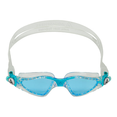 Aquasphere Kayenne Junior swim goggles with blue tinted lens and aqua frame, front view