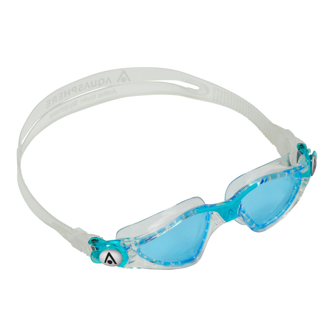 Aquasphere Kayenne Junior swim goggles with blue tinted lens and aqua frame, angled view