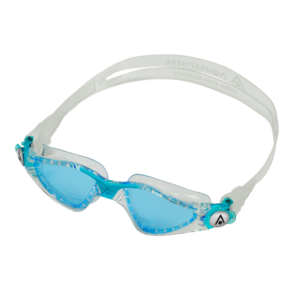 Aquasphere Kayenne Junior swim goggles with blue tinted lens and aqua frame, second angled view