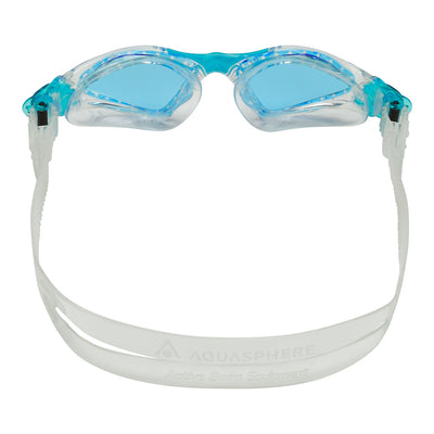 Aquasphere Kayenne Junior swim goggles with blue tinted lens and aqua frame, view from behind showing the strap