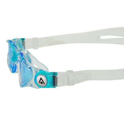 Aquasphere Kayenne Junior swim goggles with blue tinted lens and aqua frame, side detail view