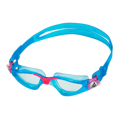 Aquasphere Kayenne Junior swim goggles with clear lens and aqua and pink frame, angled view