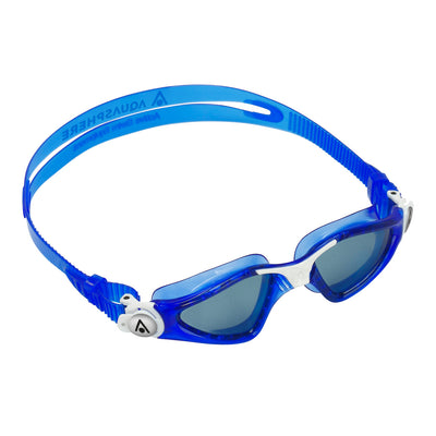 Aquasphere Kayenne Junior swim goggles with smoke lens and blue and white frame, angled view
