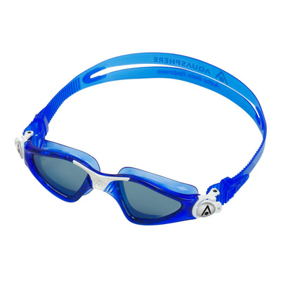 Aquasphere Kayenne Junior swim goggles with smoke lens and blue and white frame, second angled view