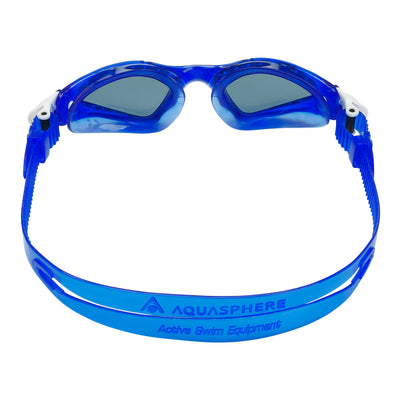 Aquasphere Kayenne Junior swim goggles with smoke lens and blue and white frame, view from behind showing the strap