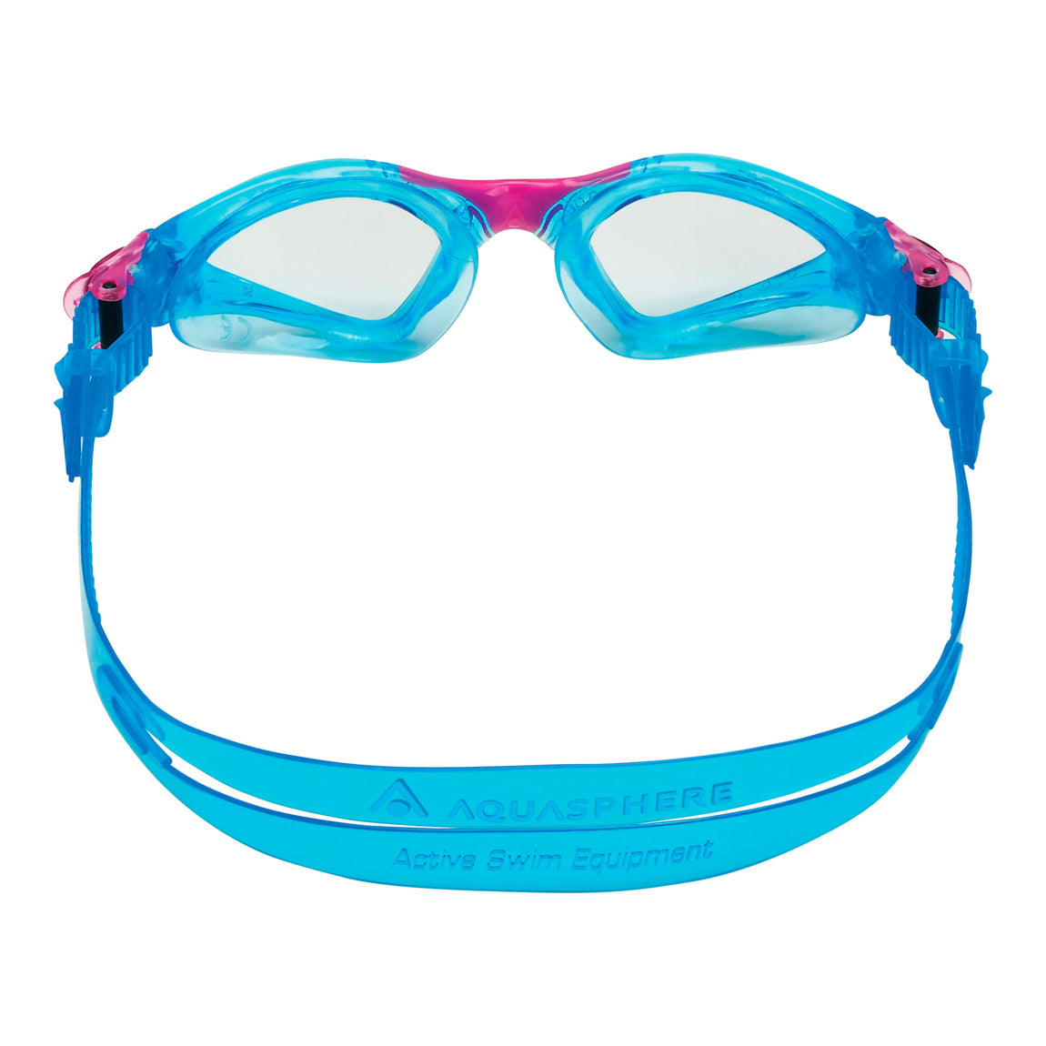 Aquasphere Kayenne Junior swim goggles with clear lens and aqua and pink frame, front view