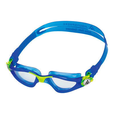 Aquasphere Kayenne Junior swim goggles with clear lens and blue and yellow frame, angled view