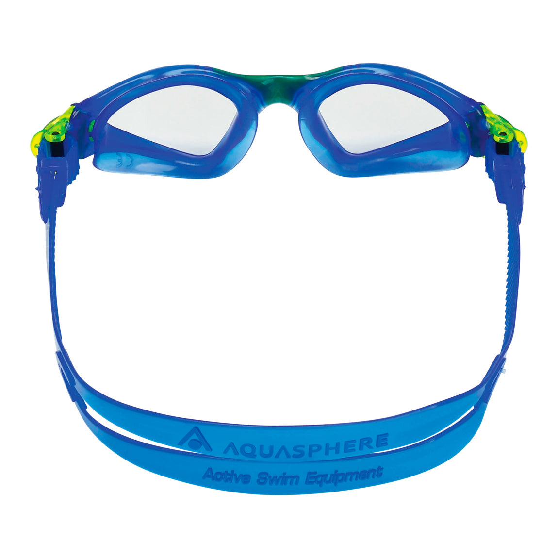 Aquasphere Kayenne Junior swim goggles with clear lens and blue and yellow frame, view from behind showing the strap