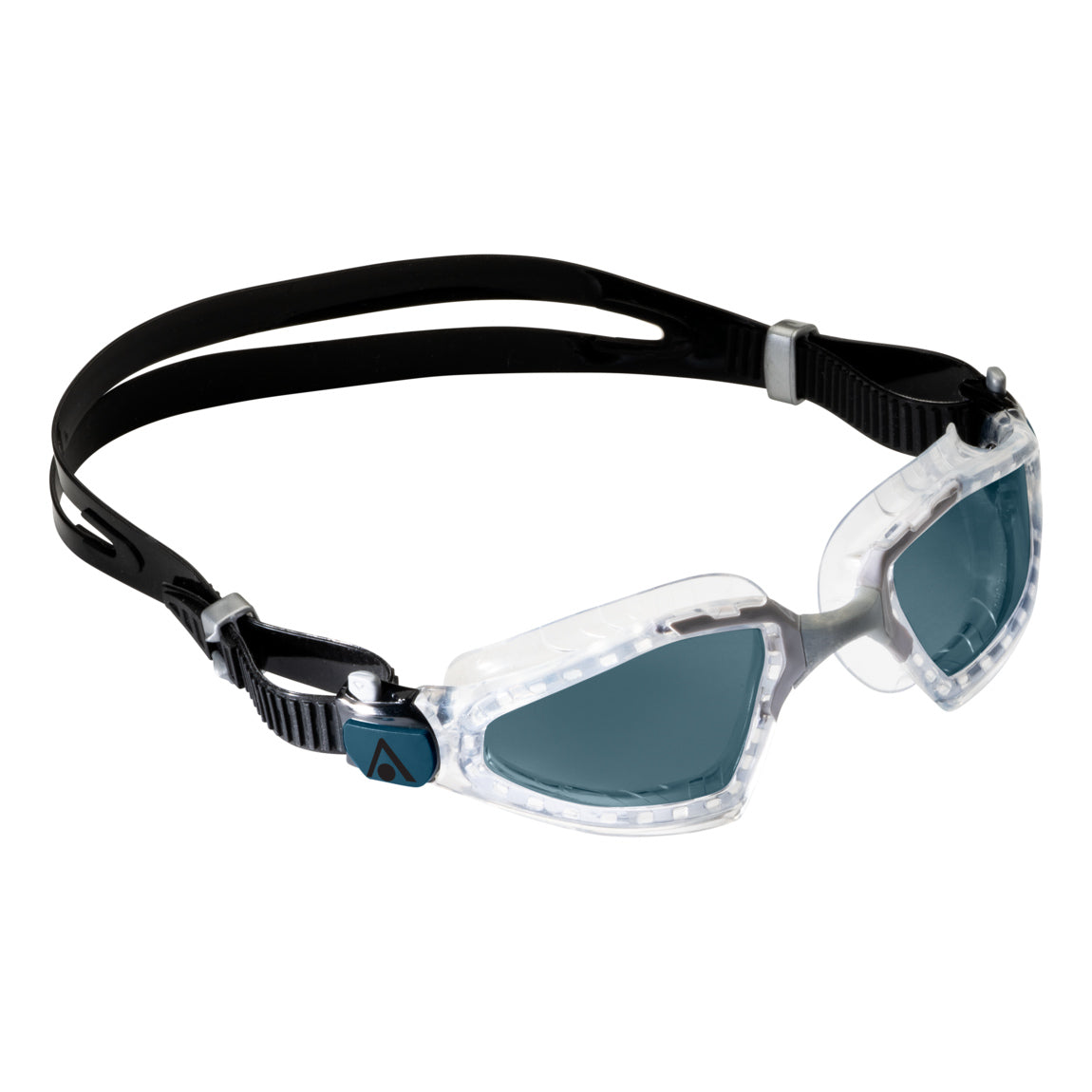 Aquasphere Kayenne Pro swim goggles with smoke lens and clear frame, angled view
