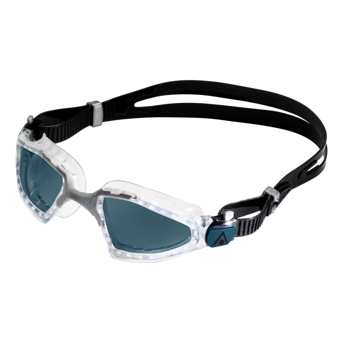 Aquasphere Kayenne Pro swim goggles with smoke lens and clear frame, second angled view