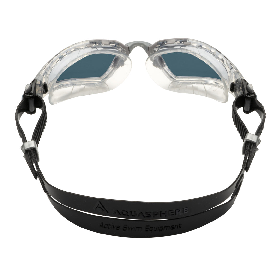 Aquasphere Kayenne Pro swim goggles with smoke lens and clear frame, view from behind showing the strap