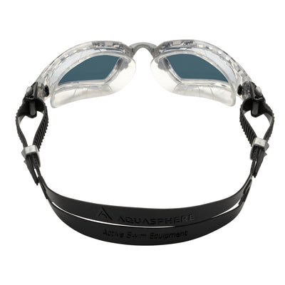 Aquasphere Kayenne Pro swim goggles with smoke lens and clear frame, view from behind showing the strap