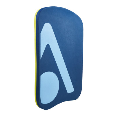 Aquasphere Kickboard in navy blue with a yellow edge and large logo, seen at an angle