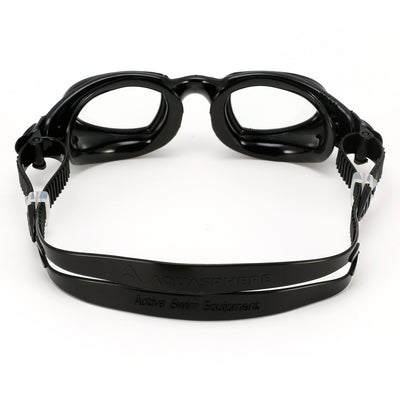 Aquasphere Mako 2.0 swim goggles with clear lens and black frame, view from behind showing the strap
