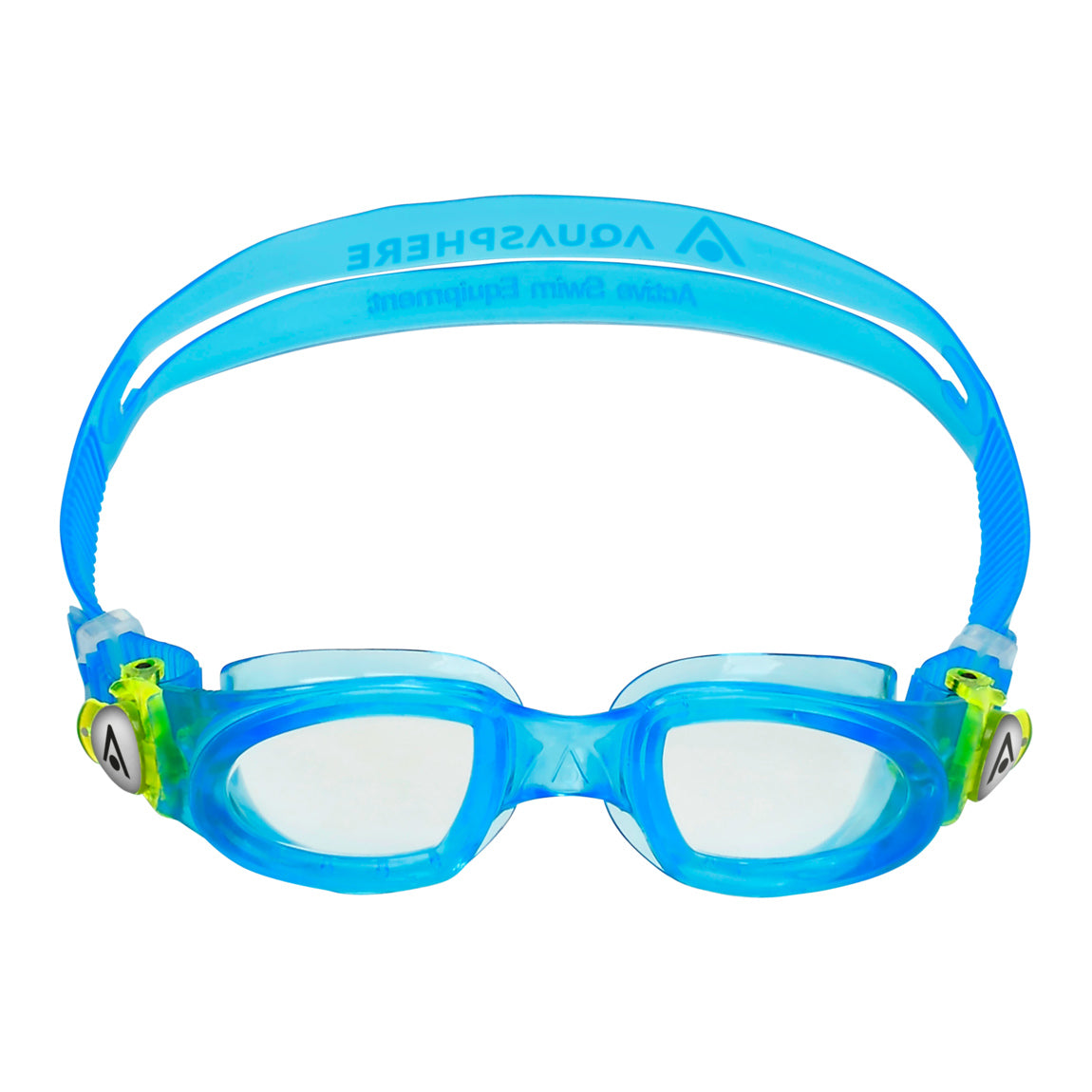 Aquasphere Moby Kid swim goggles with clear lens and blue and green frame, front view
