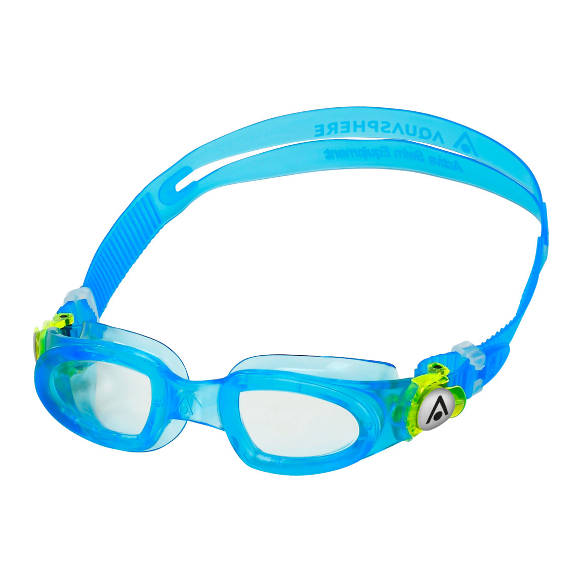 Aquasphere Moby Kid swim goggles with clear lens and blue and green frame, front view