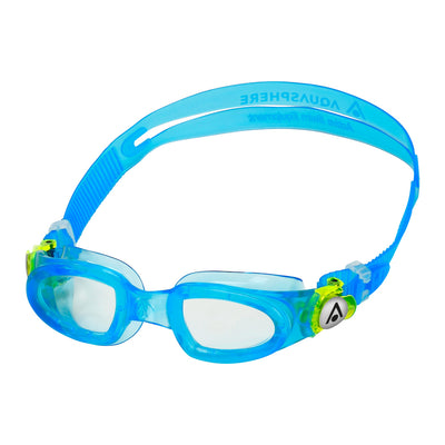 Aquasphere Moby Kid swim goggles with clear lens and blue and green frame, second angled view