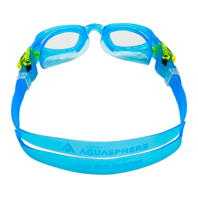 Aquasphere Moby Kid swim goggles with clear lens and blue and green frame, view from behind showing the strap
