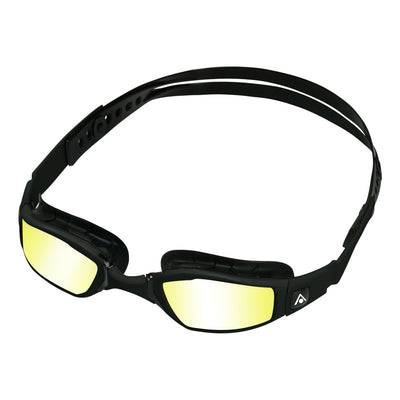 Aquasphere Ninja swim goggles with yellow mirrored lens and black frame, angled view