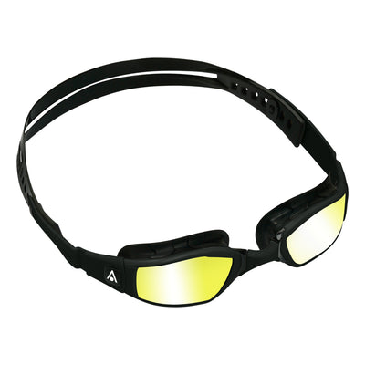 Aquasphere Ninja swim goggles with yellow mirrored lens and black frame, second angled view