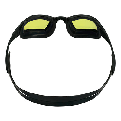 Aquasphere Ninja swim goggles with yellow mirrored lens and black frame, view from behind showing the strap