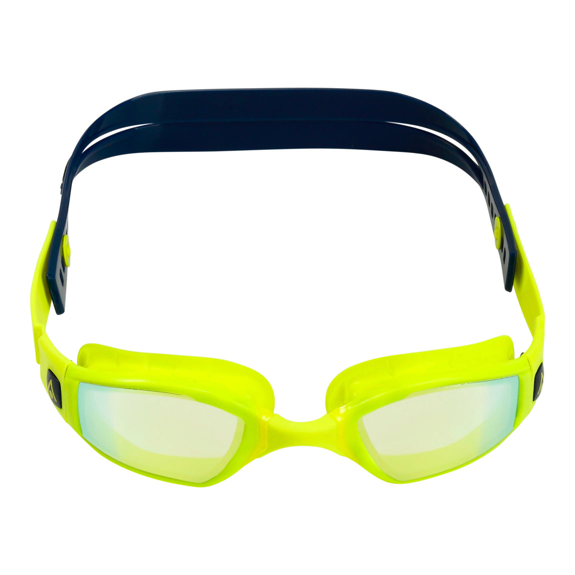 Aquasphere Ninja swim goggles with yellow mirrored lens and navy and yellow frame, front view
