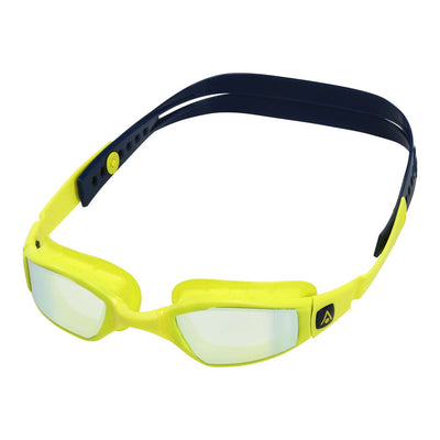 Aquasphere Ninja swim goggles with yellow mirrored lens and navy and yellow frame, angled view