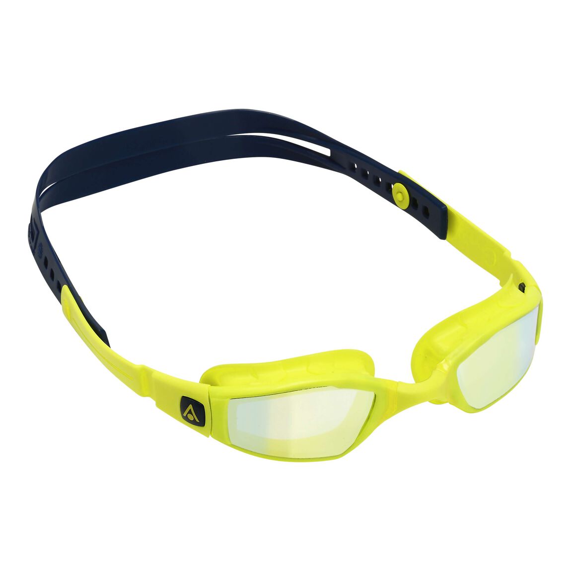 Aquasphere Ninja swim goggles with yellow mirrored lens and navy and yellow frame, second angled view